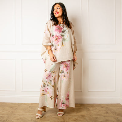 Bouquet Print Linen Trousers